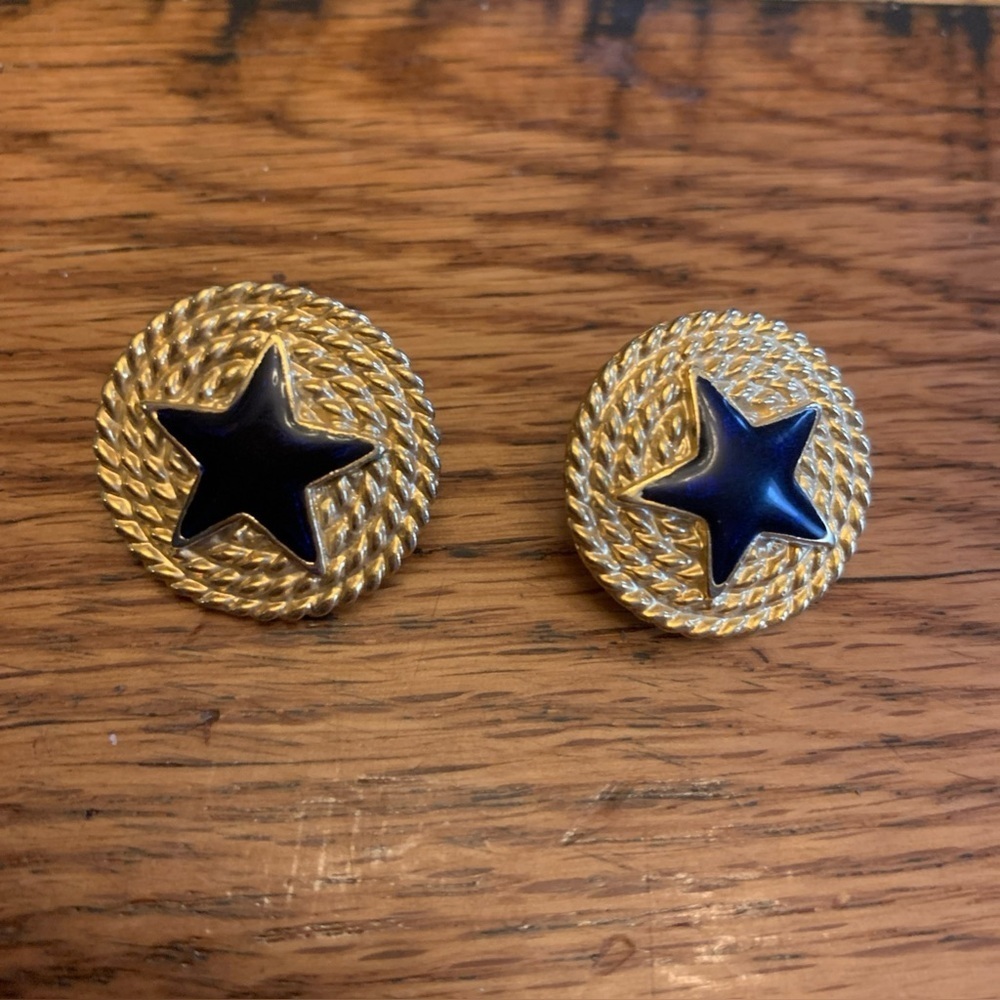 Stud Earrings Nautical Rope Stars Blue Enamel Gold Tone Sailing Vtg 80’s